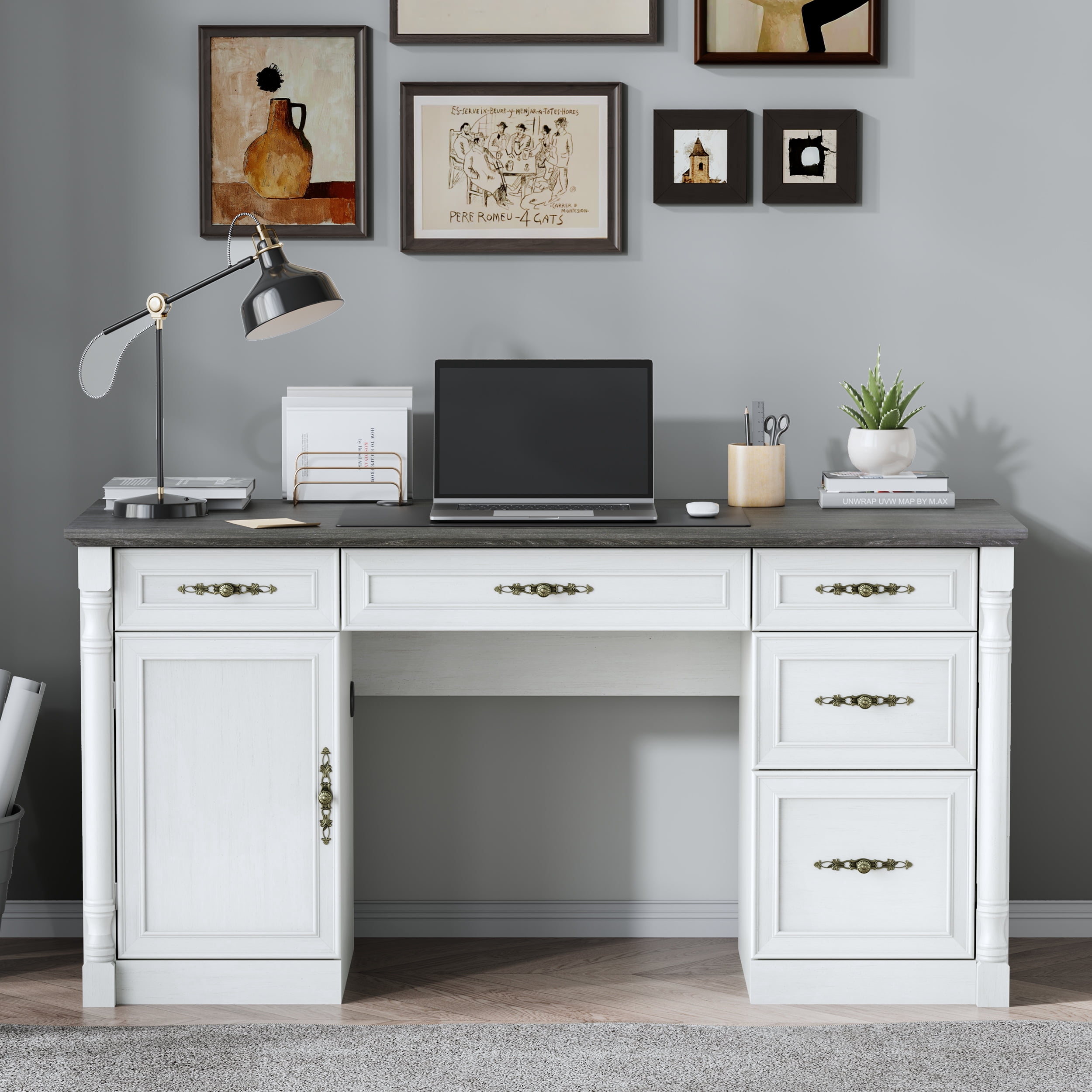 Farmhouse Executive Desk with Storage Drawers and File Cabinet, 60" Vintage Home Office Desk with Power Outlet and Roman Column, Wood Computer Desk with Keyboard Tray for Work and Study, Antique Whit