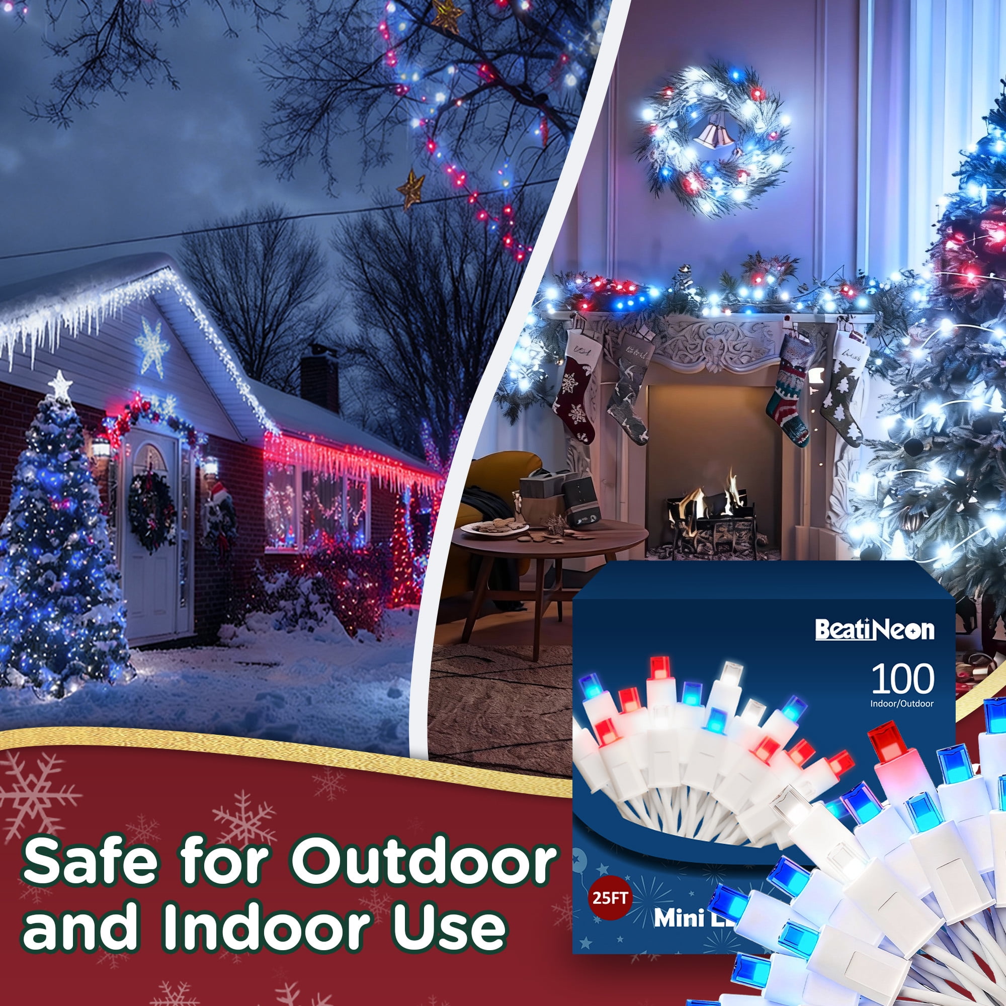 Beatineon 100LED Red White Blue String Lights IP68 Waterproof for 4th of July Outdoor Decor,25ft Patriotic Min Light, Plug in