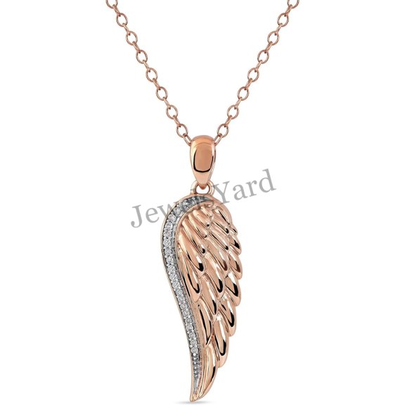 Real 925 Sterling Silver 14K Rose Gold Finish Round Cut White Diamond Angel Wing Pendant Pendant Necklace for Women