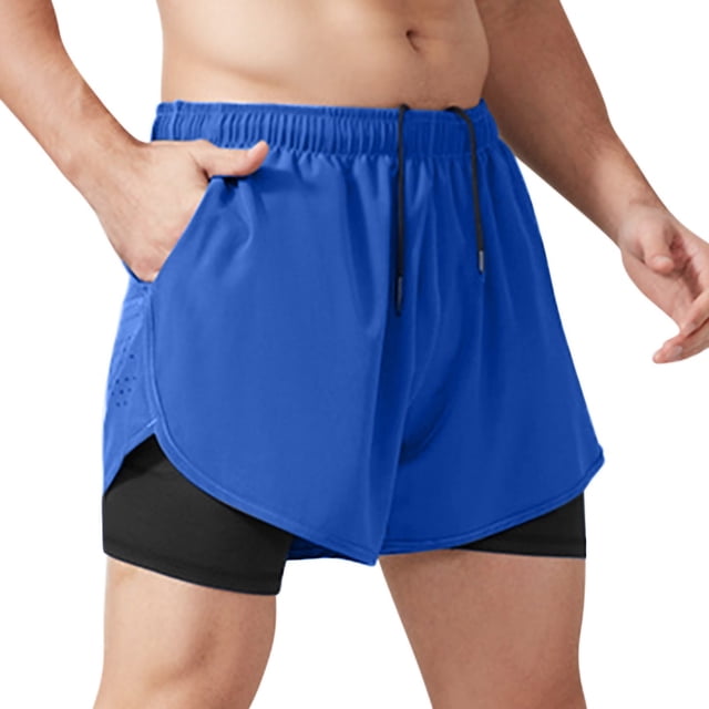 Yieetim Blue Swimming Trunks for Men, Summer Striped Printed with Pockets Elastic Waist Drawstring Beach Zipper Shorts,Fake Two Piece Lightweight Breathable Comfortable Fits Quickly Dry Swim Shorts