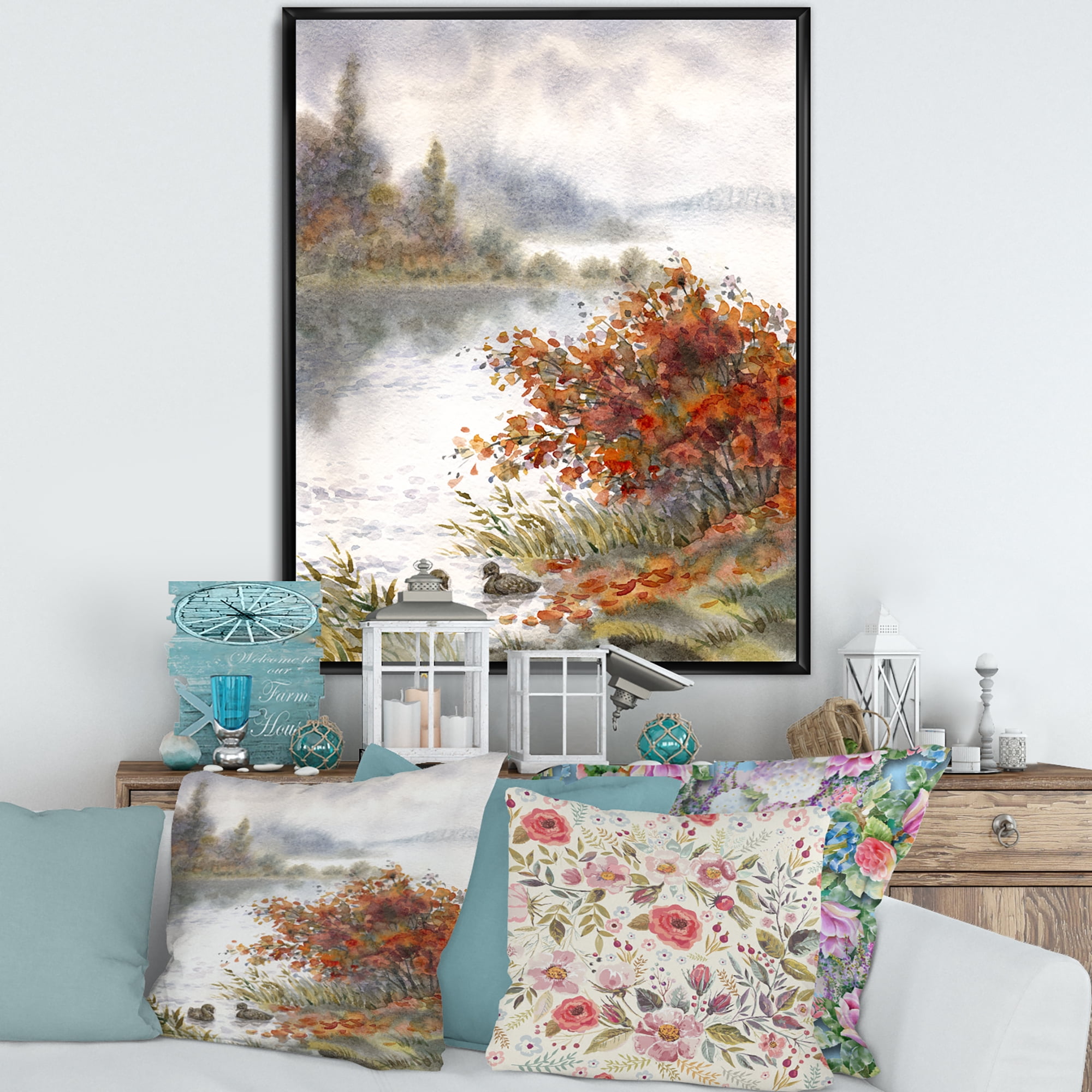 Designart 'View Of The Lake In Autumn Colored' Traditional Framed Canvas Wall Art Print