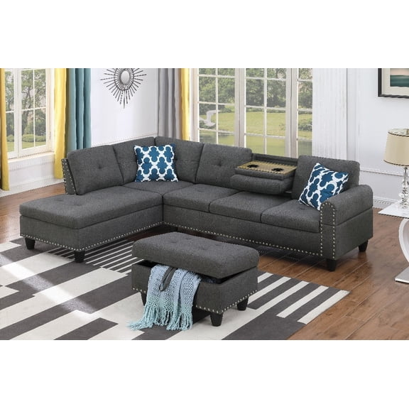 Modern Linen Blend 98" Wide Left Hand Facing Sofa & Chaise with Ottoman