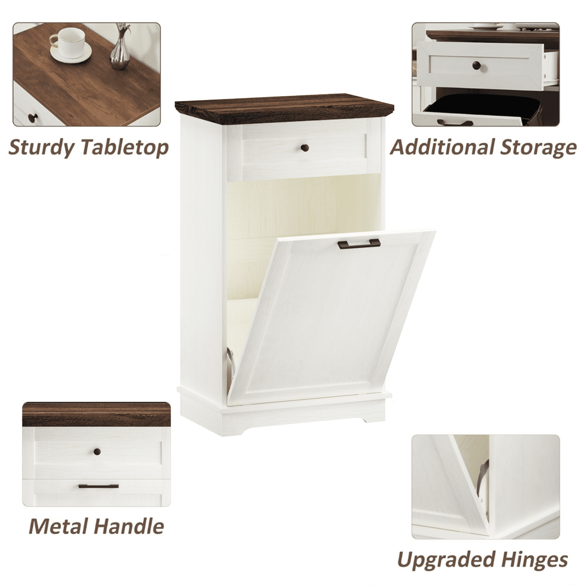 Leumius Tilt Out Trash Cabinet,10 Gallon Freestanding Trash Bin Cabinet with Drawer,Wood Garbage Recycling Cabinet for Kitchen Living Room,White