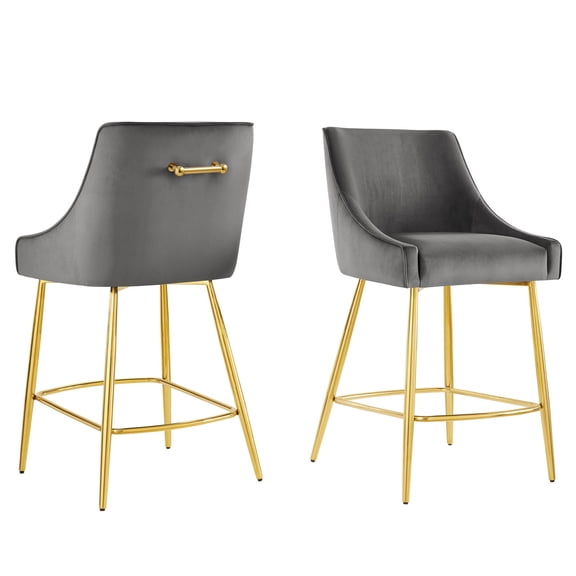Counter Stool Chair, Set of 2, Grey Gray, Velvet, Modern Contemporary, Mid Century Bar Pub Cafe Bistro Hotel Lounge Dining Kitchen