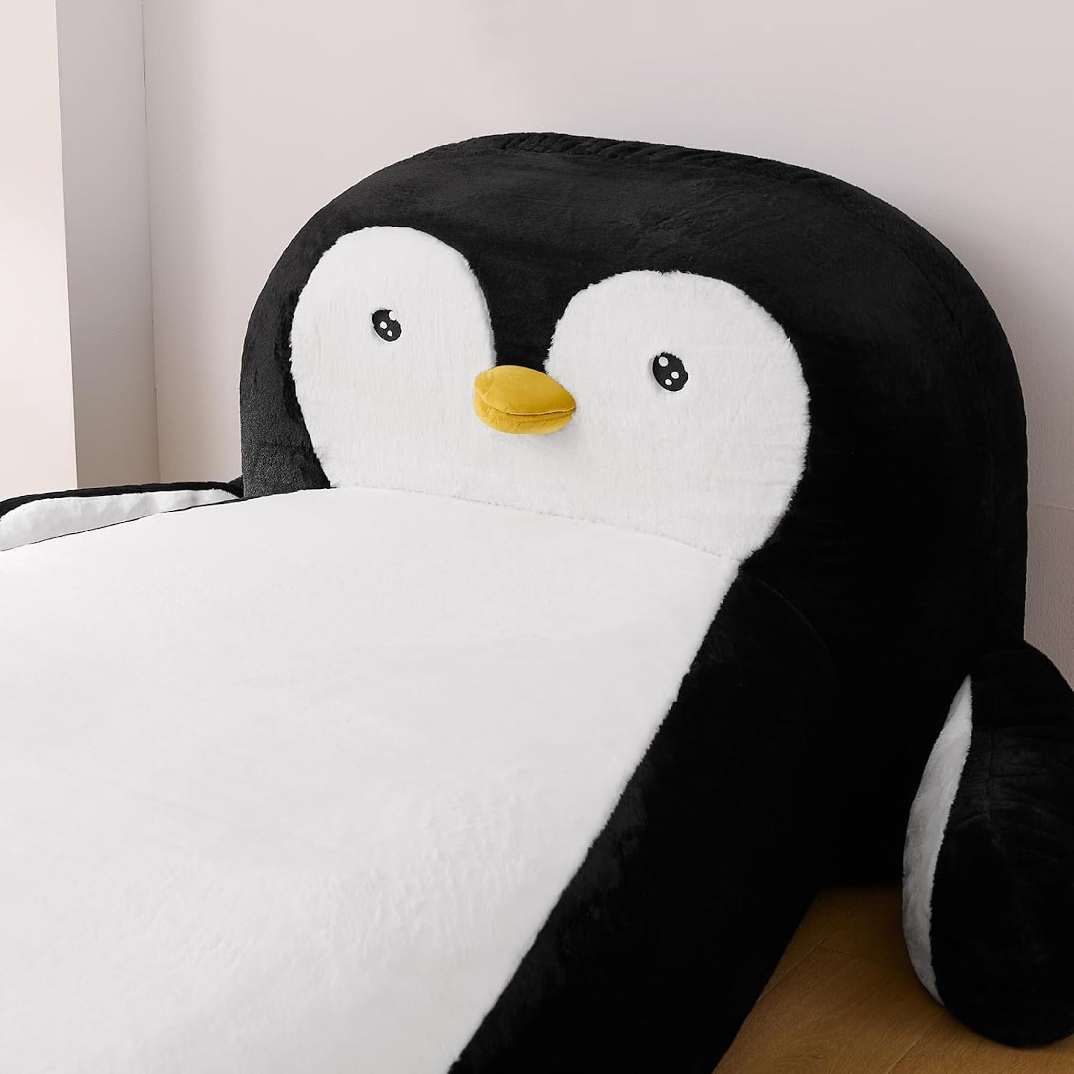 Aisword Twin Size Kids Daybed with Penguin Shaped & Headboard, Upholstered Faux Fur Cloud Boneless Memory Foam Bed Mattress, Platform Floor Sofa Couch Bed Frame for Girls, Boys, Teenager