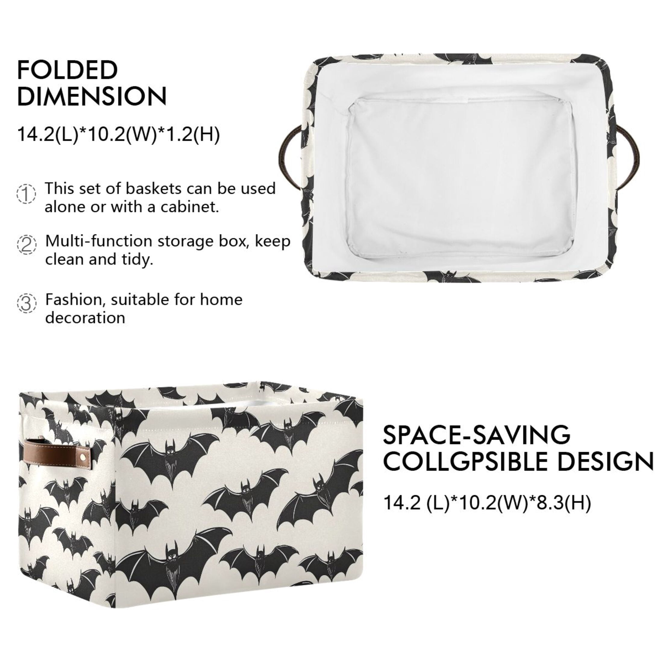 Ryvnso Bats Halloween Storage Basket Large Bin Foldable Boxes Toys Organizer 14.2x10.2x8.3in 2 PCs