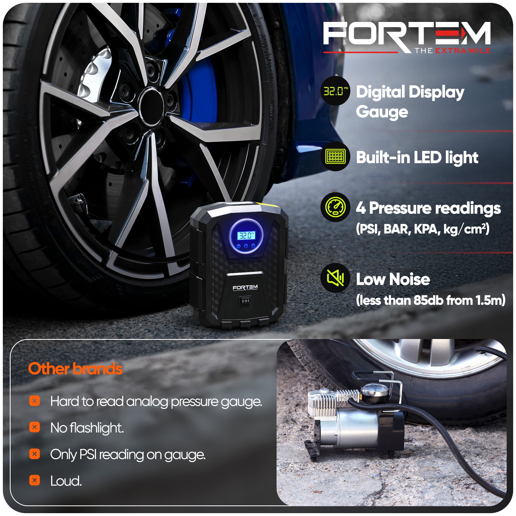 FORTEM Tire Inflator Portable Air Compressor 150 PSI, 12V Electric Bike Pump for Car Tires and Bicycles with LED Light, Digital Tire Pressure Gauge w/Auto Pump/Shut Off, Carrying Case (Black)