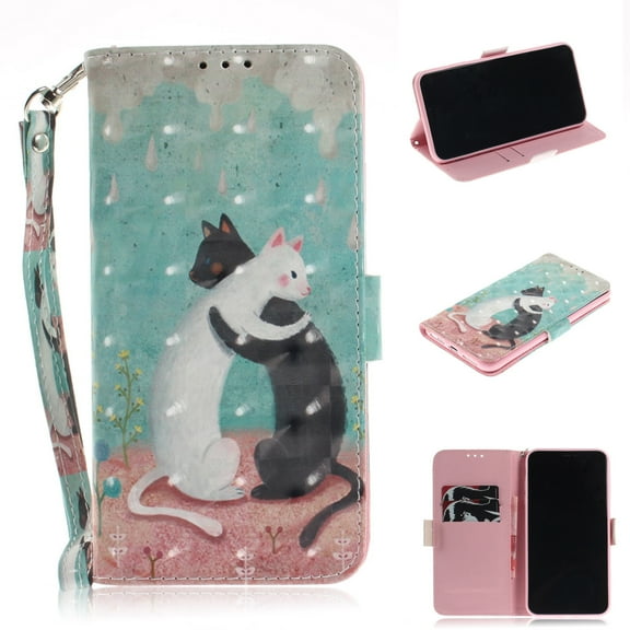 iPhone XS Max Case, iPhone XS Max 2018 Case, Allytech 3D PU Leather Protective Cover & Pocket Lanyard Wallet with Cards Holder, Support Kickstand Slim Case for Apple iPhone XS Max, Black & White Cat