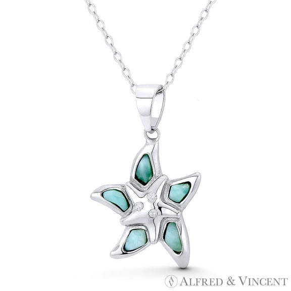 Starfish Ocean Sealife Charm Created Chalcedony & CZ Crystal 27x17mm (1.1x0.7in) Pendant & Chain Necklace in .925 Sterling Silver w/ Rhodium