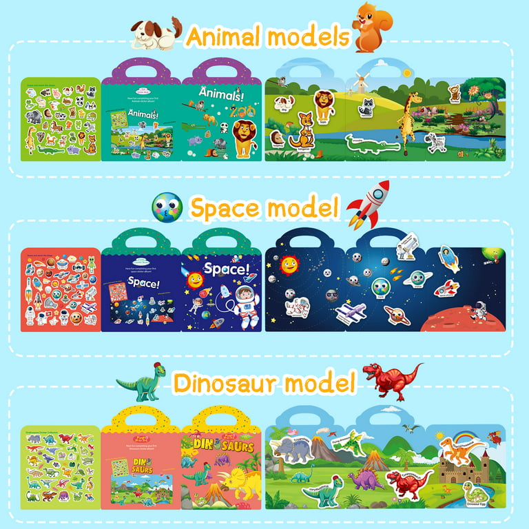 5 Set Reusable Sticker Books for Toddlers 1-3, Sticker Learning Toys for  Kids, Vehicle, Farm, Animal, Dinosaur, Space Static Sticker Book for  Toddlers