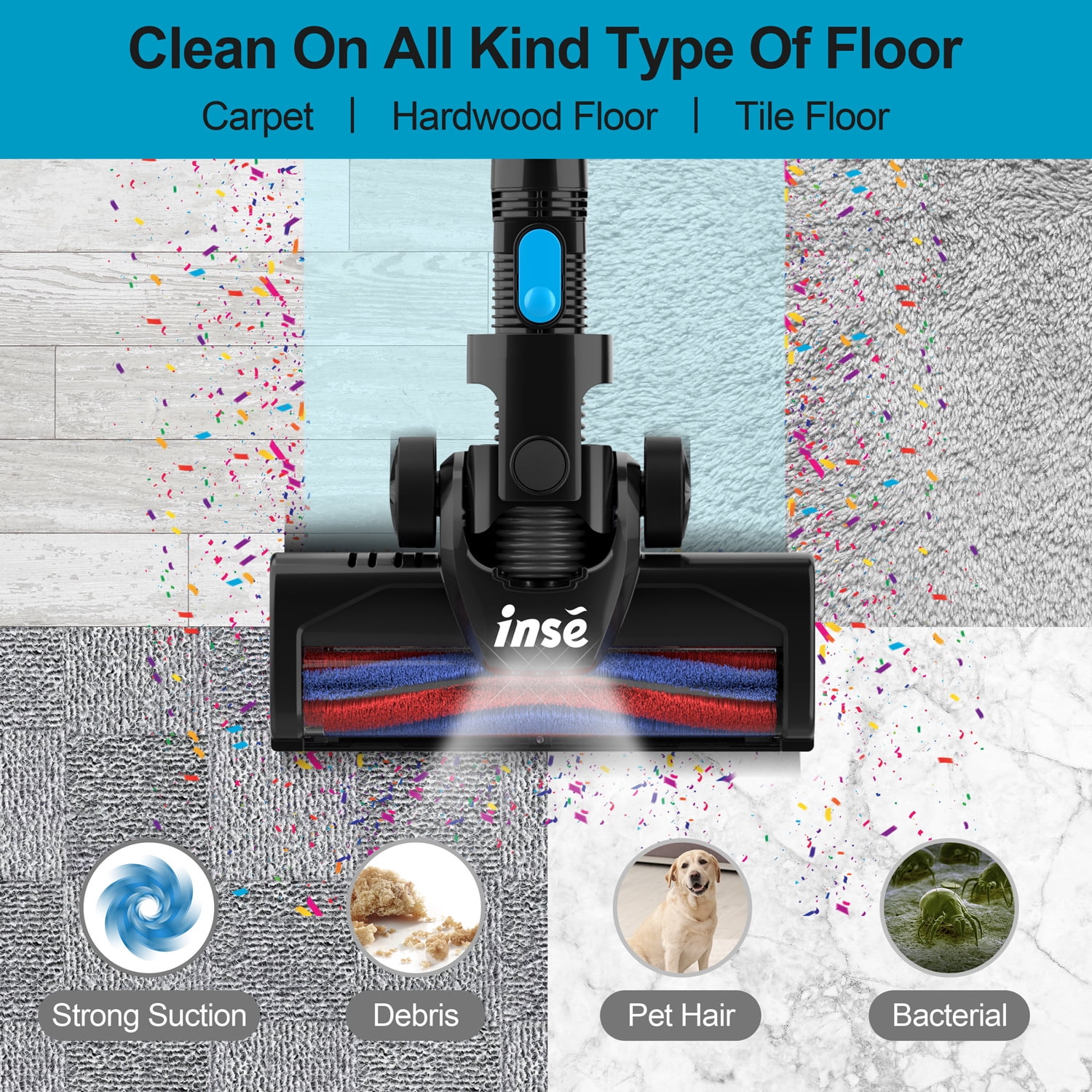 INSE Cordless Vacuum Cleaner, 6 in 1 Powerful Suction Lightweight Stick Vacuum with 2200mAh Rechargeable Battery, up to 45min Runtime, for Home Furniture Hard Floor Carpet Car Hair - 2