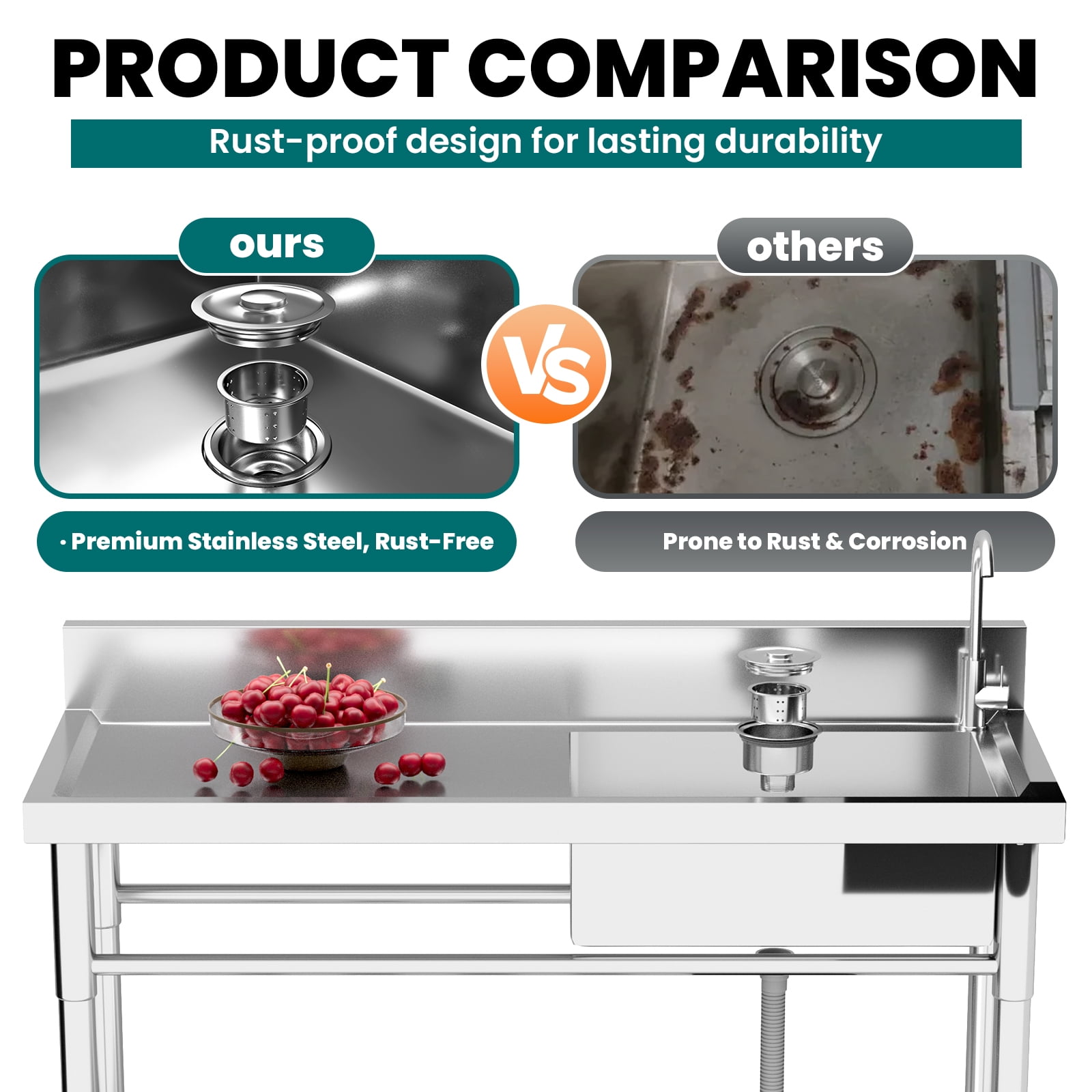 Stainless Steel Commercial Kitchen Sink, Free Standing Stainless-Steel Single Sink with Cold & Hot Water Faucet, Utility Sink for Restaurant & Home Kitchen