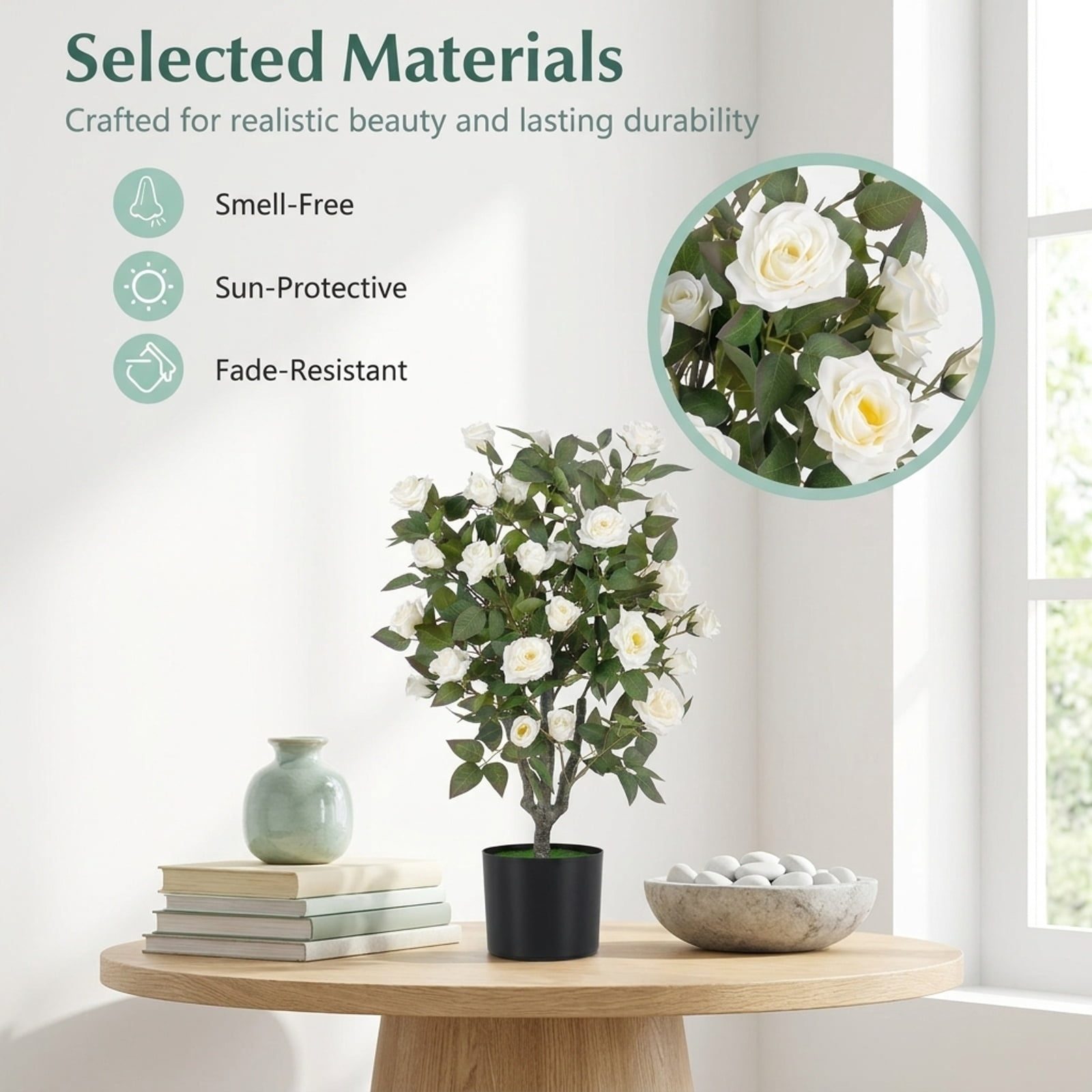 Vebreda Artificial Plant Decor, 35.5" Artificial Rose Tree with Blooming Flowers and Green Leaves for Indoor, Beautiful & Lifelike Rose Tree