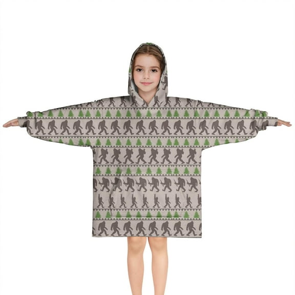 Brown Bigfoot and Pine Tree Pattern Blanket Hoodies for Kids 6-13YR Oversize Wearable Blanket Hoodies for Boys Girls Teens