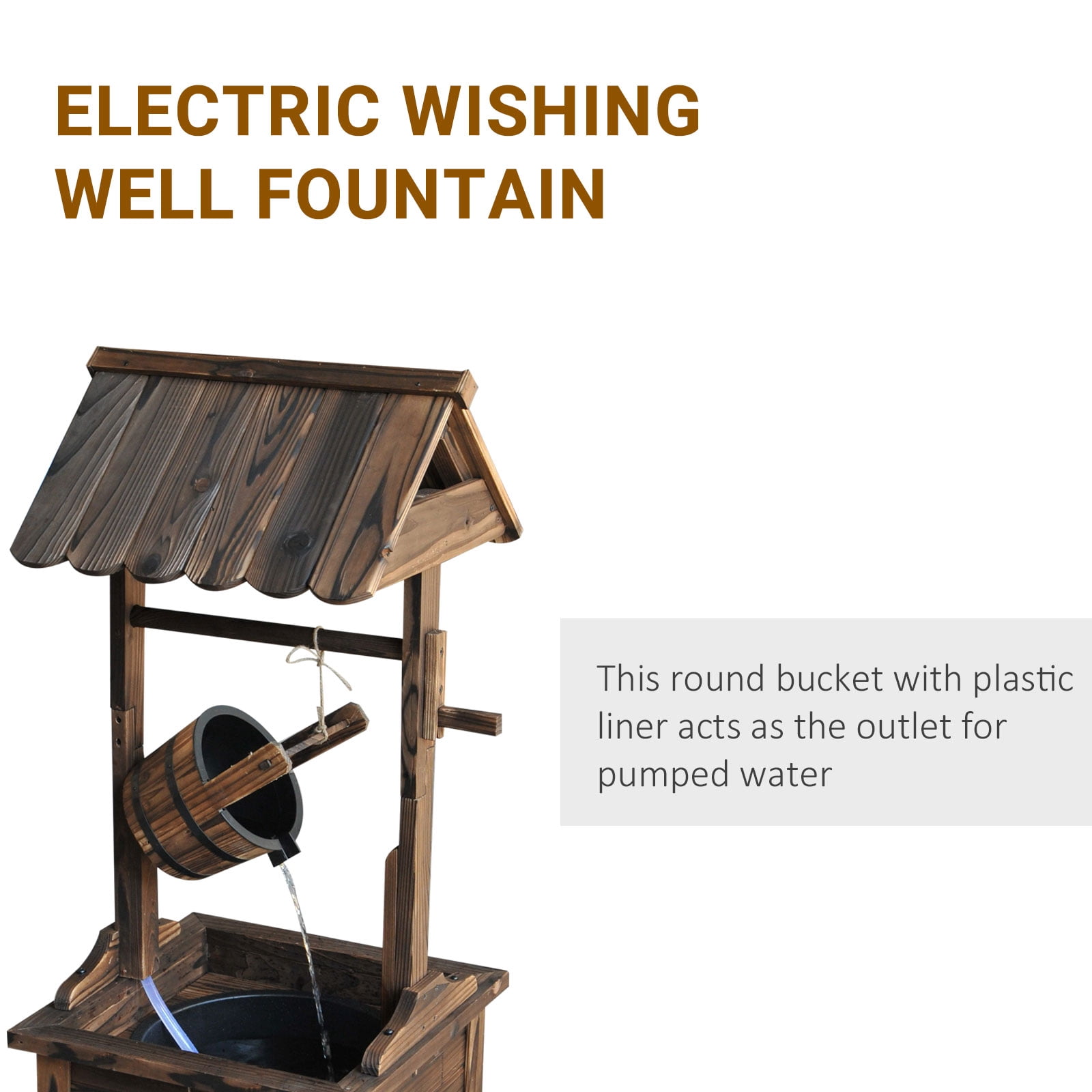 Outdoor Wooden Wishing Well Fountain with Adjustable Water Flow Rate, Rustic Waterfall Fountain, Carbonized Finish