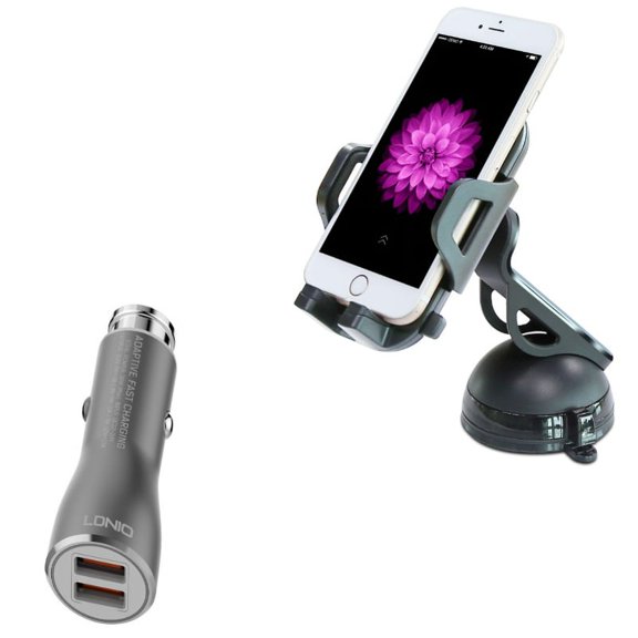 Windshield Dash Car Mount w 2-Port USB 36W Fast Charger for LG G7 ThinQ, Stylo 4 Plus - Motorola One, Moto Z4 Z3 Play Z2 Play Z Play Droid Force Droid X4 G7 Power Play G6 - Nokia 8, 7.1