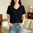 thumbnail image 2 of Fengqque Womens Short Sleeve Tops V Neck Summer T Shirt Casual Basic Tees Solid Color Trendy Tops Black XL(XL), 2 of 6