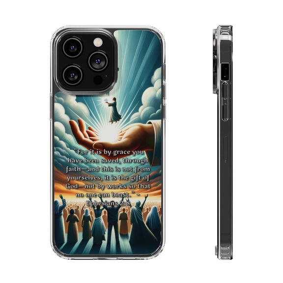 DistinctInk Clear Hybrid Case for Apple iPhone 15 Pro (6.1" Screen) - Saved by Grace, Not Works - Slim Profile Design