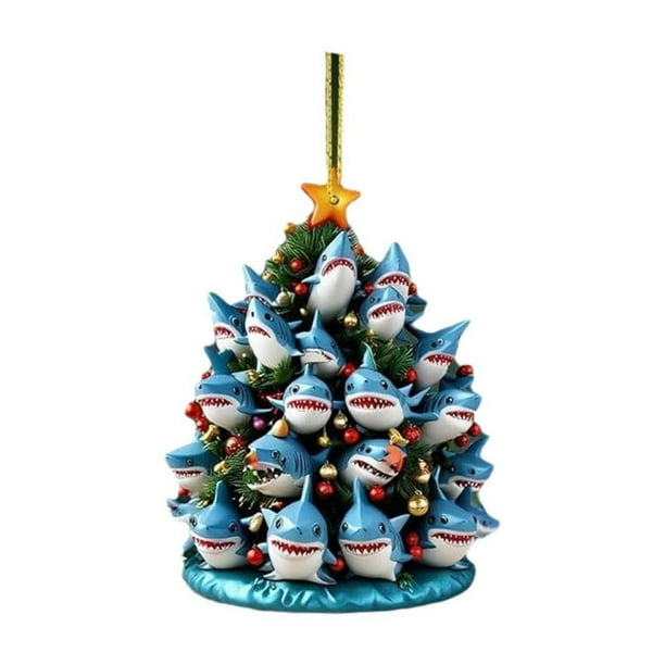 mfyjkho Adorno colgante plano de acrílico de tiburón azul, forma de árbol apilado, decoración navideña para árbol de Navidad, 1 unidad