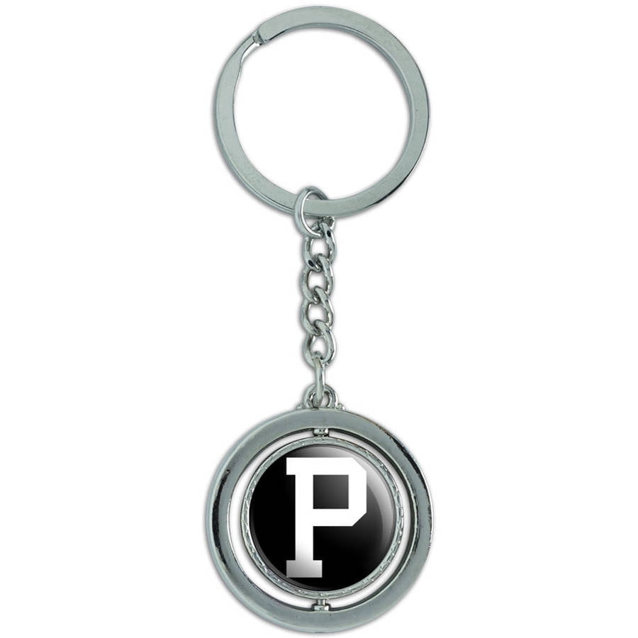 Letter P Initial Black White Spinning Round Metal Key Chain Keychain