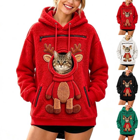 Frostluinai Womens Cats Hoodie with Pouch Zipper Fuzzy Fleece Pet Carrier Sweatshirt Christmas Reindeer Print Zippered Pet Pouch Adjustable Hole Pockets