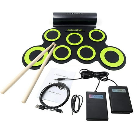 Portable Electronic Roll-Up Drum Kit, Foldable Drum Set Built in Speaker With DrumSticks, Foot Pedals and Power Supply 7 Drum Pads With Headphone Jack For Practice Starters (Best Drumsticks For Electronic Drums)