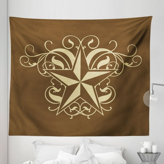 Prehistoric Country Tapestry, Baroque Style Star Floral Curves Swirls Victorian Classical Art, Fabric Wall Hanging Decor for Bedroom Living Room Dorm, 5 Sizes, Brown Pale Yellow, by Ambesonne