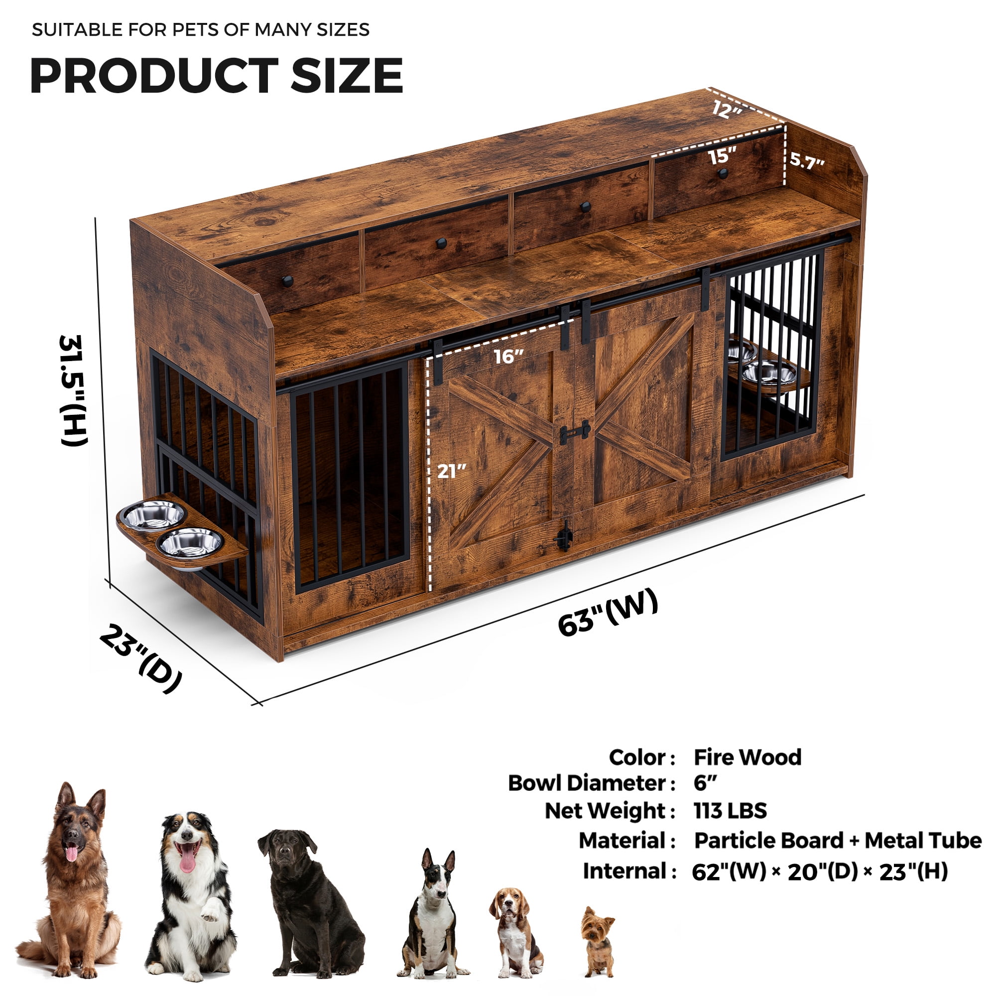 Advwin 63" Wooden Double Dog Crate Furniture with Drawers, Divider, Sliding Doors and Dual Feeding Stations, TV Stand Dog Kennel for 2 Small/Medium Dogs, Rustic Brown