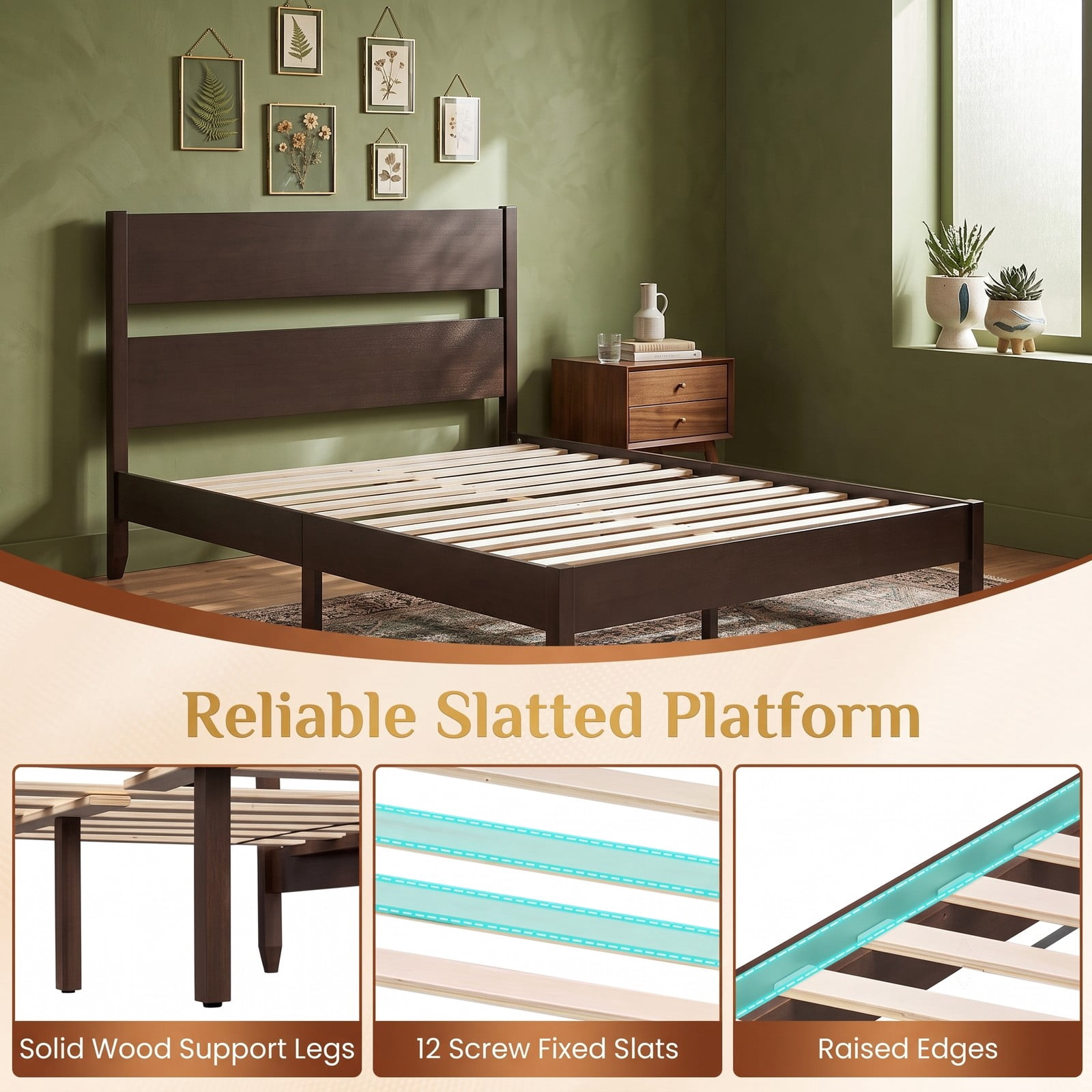 Furnibear Full Size Bed Frame with Panel Headboard, Wood Platform Bed Frame with 12 Slats and Solid Wood Legs for Bedroom, Dark Walnut
