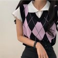 thumbnail image 1 of VISgogo Chaleco de punto para mujer, patrones romboides, cuello en V, sin mangas, ajustado, camisetas sin mangas de punto para niñas, rosa/gris VISgogo  moda, 1 of 8