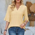 thumbnail image 2 of DHFJKG Women's Boho T Shirt Half Sleeve Summer Beach Hallow Out V Neck Solid Color Loose Fit Tunic Casual Tee Vacation Stylish Tops, 2 of 9