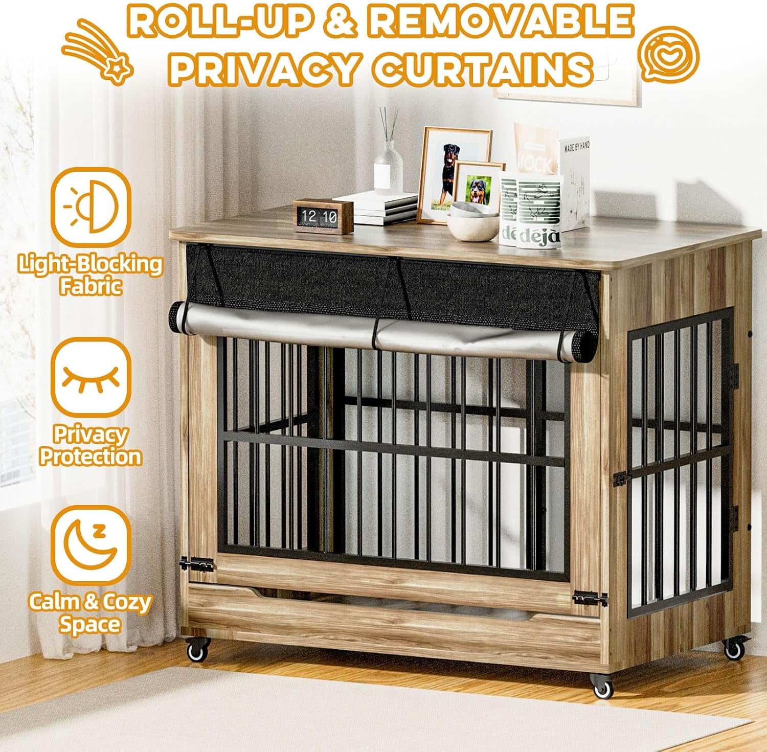46" Large Dog Crate Furniture, Double Door Wooden Indoor Dog Kennel End Table with Wheels, Decorative Pet Cage for Extra Large Breeds, Greige