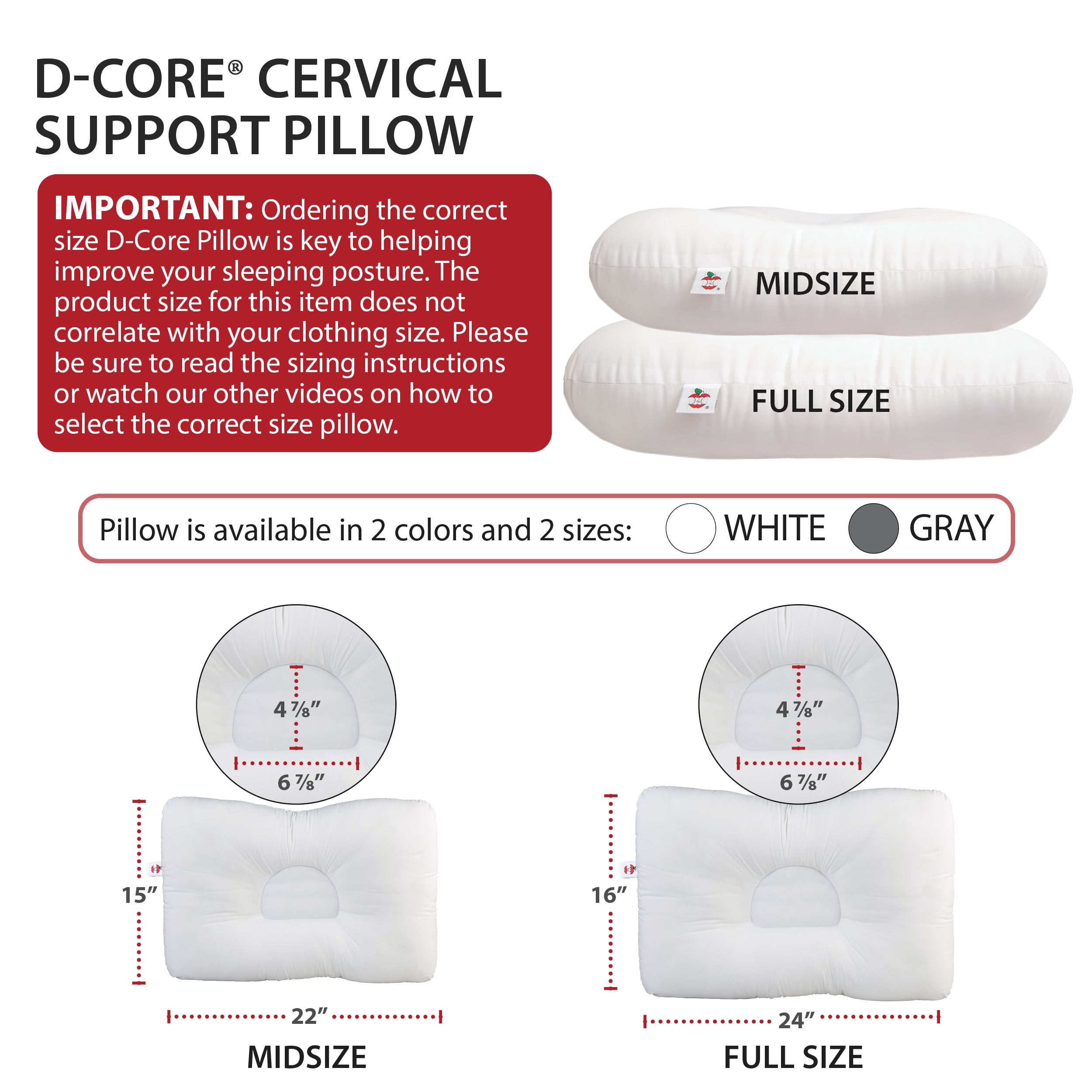 Core Products D-Core Cervical Neck Pillow - Extra Firm Orthopedic Support for Neck Discomfort, Back Sleepers, Dual Neck Rolls, Cervical Alignment, Midsize, Assembled in USA