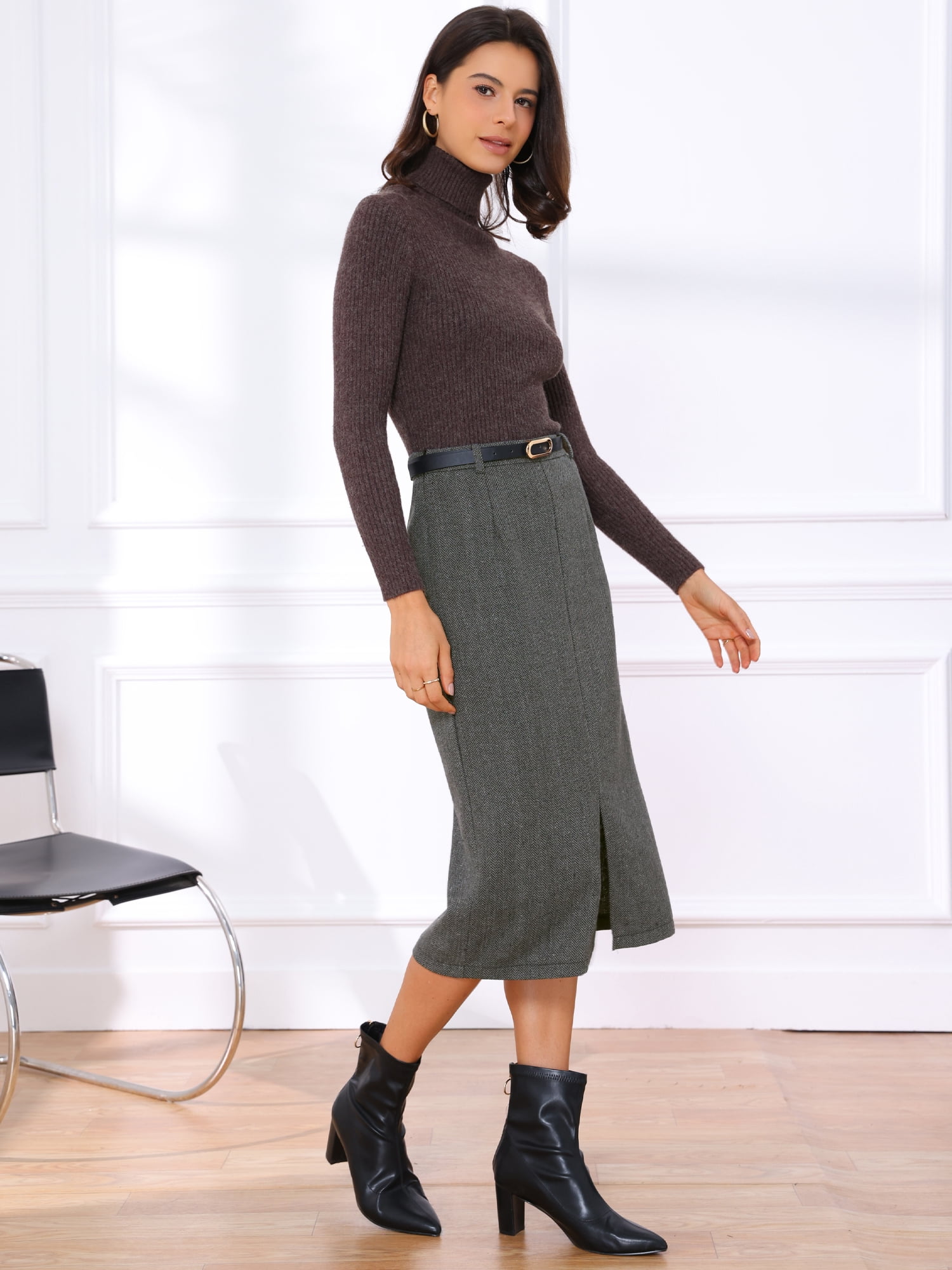 DARING DIVA Women's Vintage Fall Slit Office Work Skirts with Belt Small Black