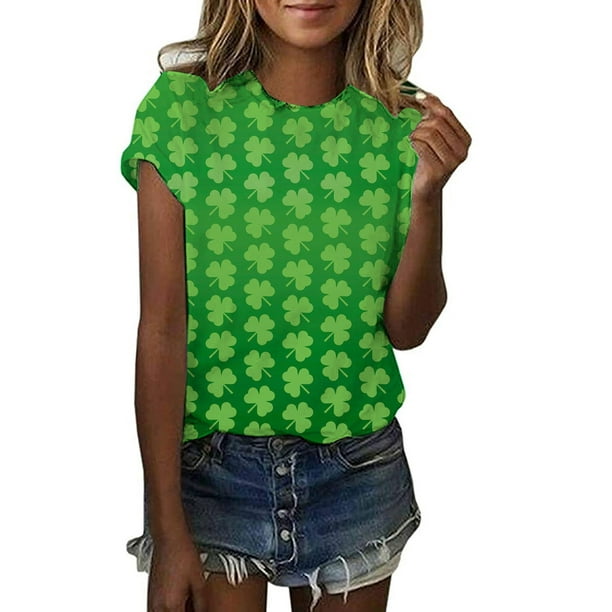 hoksml Womens Tops Casual St. Patrick's Day Printed Short Sleeve Round Neck  Pullover Blouse Tops T-Shirt Clearance 