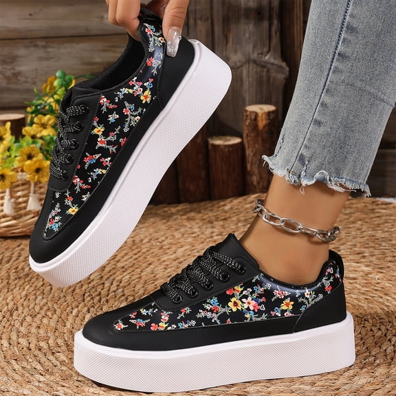 Willtoo Women’s Floral Print Platform Sneakers, Lace‑Up Low Top Thick Sole Casual Shoes Lightweight Fashion Walking Shoes Non Slip Daily Outdoor Wear Shoes