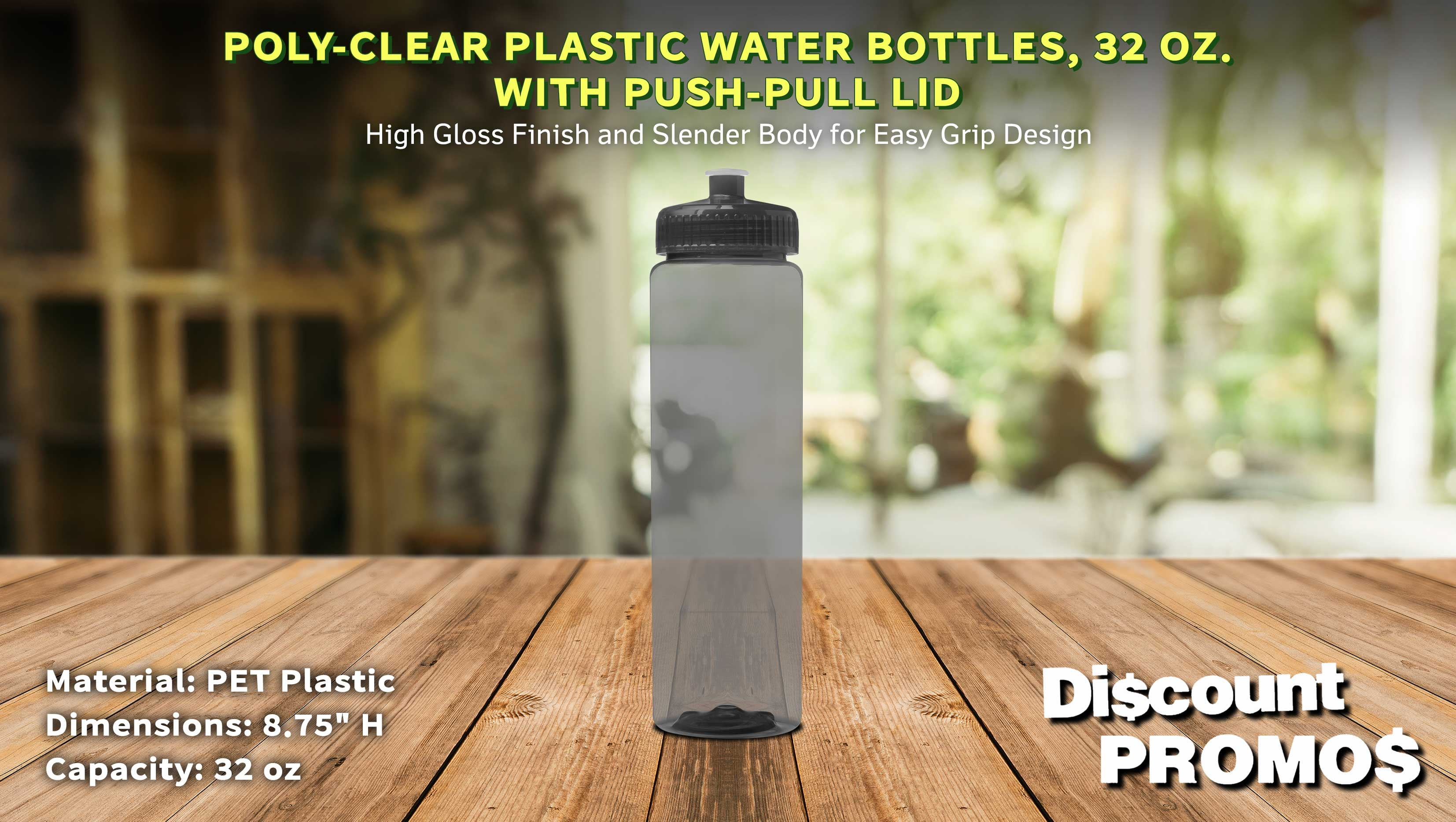 10 Poly-Clear Plastic Water Bottles Set, 32 oz. - Durable, Leak-Resistant, Push-Pull Lids - Trans Smoke