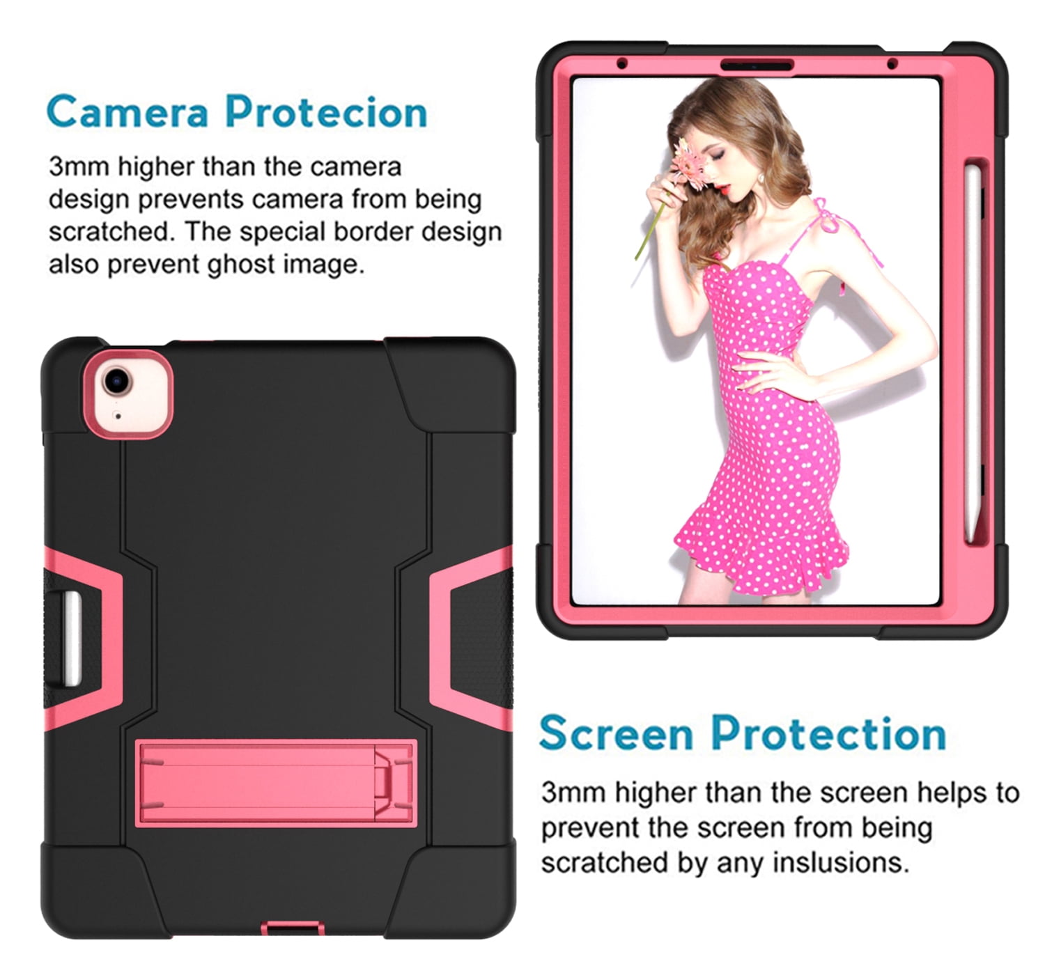 Allytech iPad Air 5 Case 2022, iPad Air 4 Case 2020, Heavy Duty Protection Shockproof Build In Kickstand Pencil Holder Kids Friendly Case for Apple iPad Air 5th 4th Generation, BlackBlack/Rose