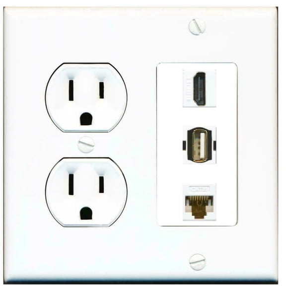 Ultra Spec Cables 15 Amp Round Power Outlet 1 Port HDMI 1 USB A-A 1 Cat6 Ethernet Wall Plate