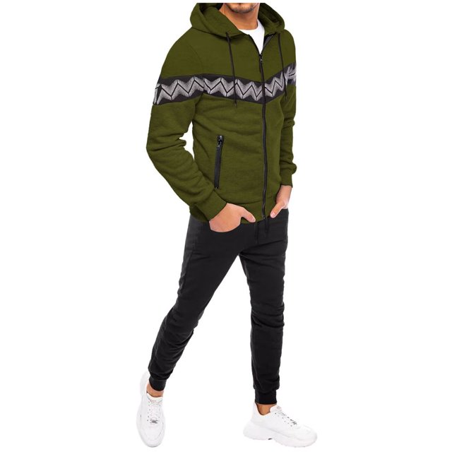 Men‘s Striped Stitching Zipper Sweatshirt Hooded Jacket Sweater Set