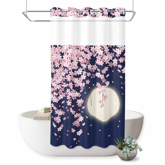 No Hook Shower Curtain, Cherry Blossoms Shower Curtains for Bathroom with See Through Top Window, Modern Art Moonlight Farmhouse Waterproof & Washable Bath Curtain Stand Up Stall 36"x72"