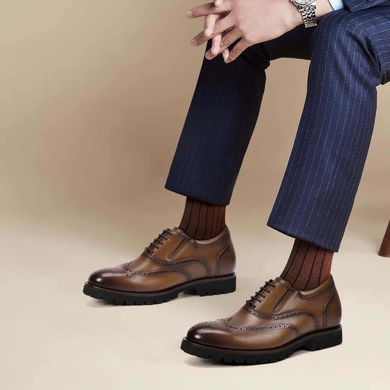 CHAMARIPA Wingtip Oxford Elevator Dress Shoes Brown Leather Brogue 265 8/8.5 CHAMARIPA Dress Elevator Shoes For Men Height Shoes Premium  main image 4