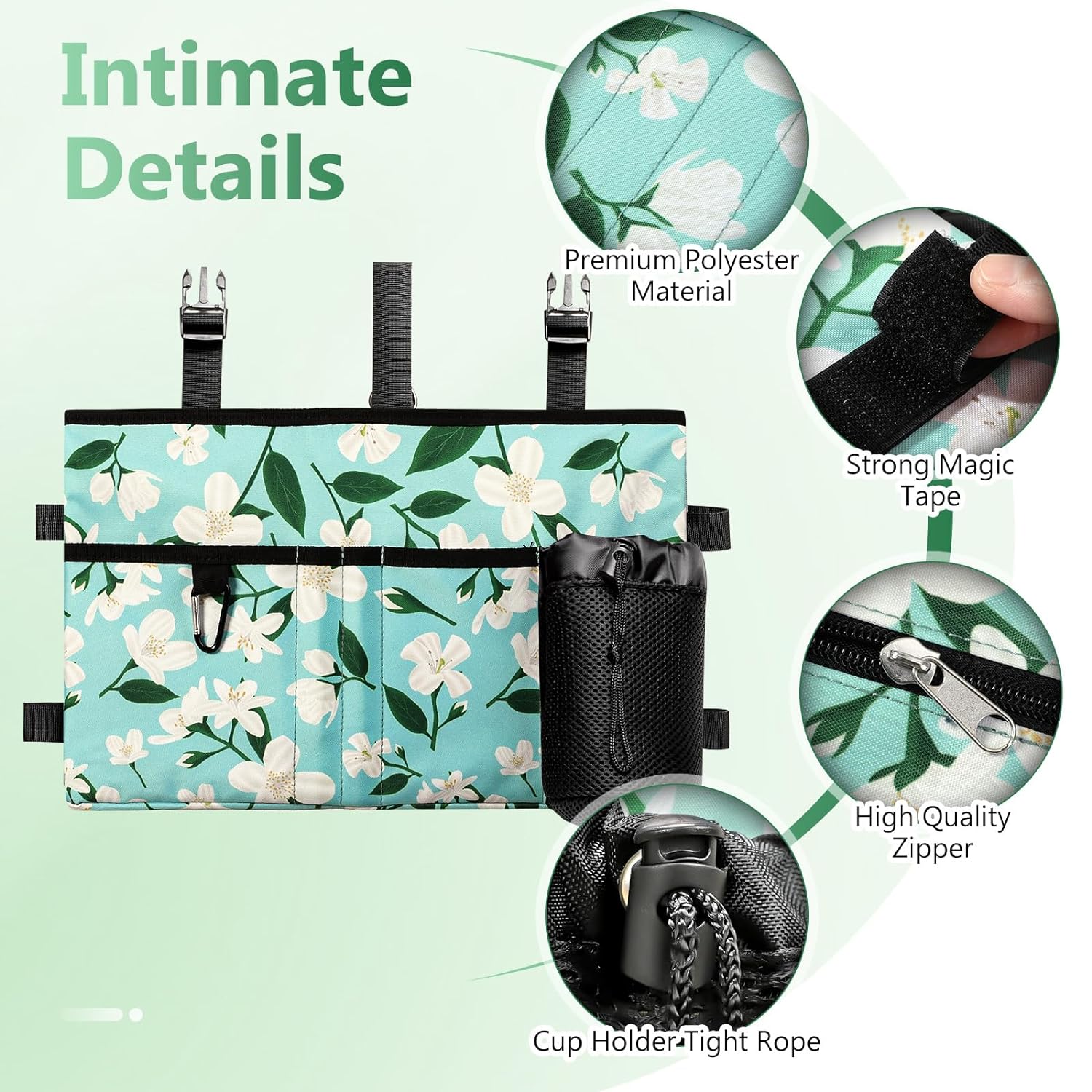 Rhino Valley Walker Bag, Multi Pockets Folding Walker Basket Tote Bag with Cup Holder, Hand-Free Carry Pouch Storage Bag for Universal Walkers, Large Capacity Organizer for Seniors Elderly, Flower