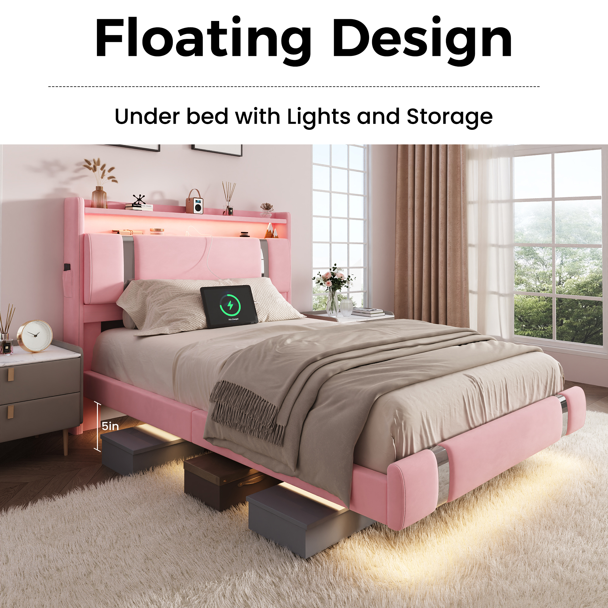 NEGYLIM Floating Bed Frame Twin Size with LED Lights, Easy to Assemble, Metal Platform Bed with Storage Headboard, No Box Spring Needed, Pink
