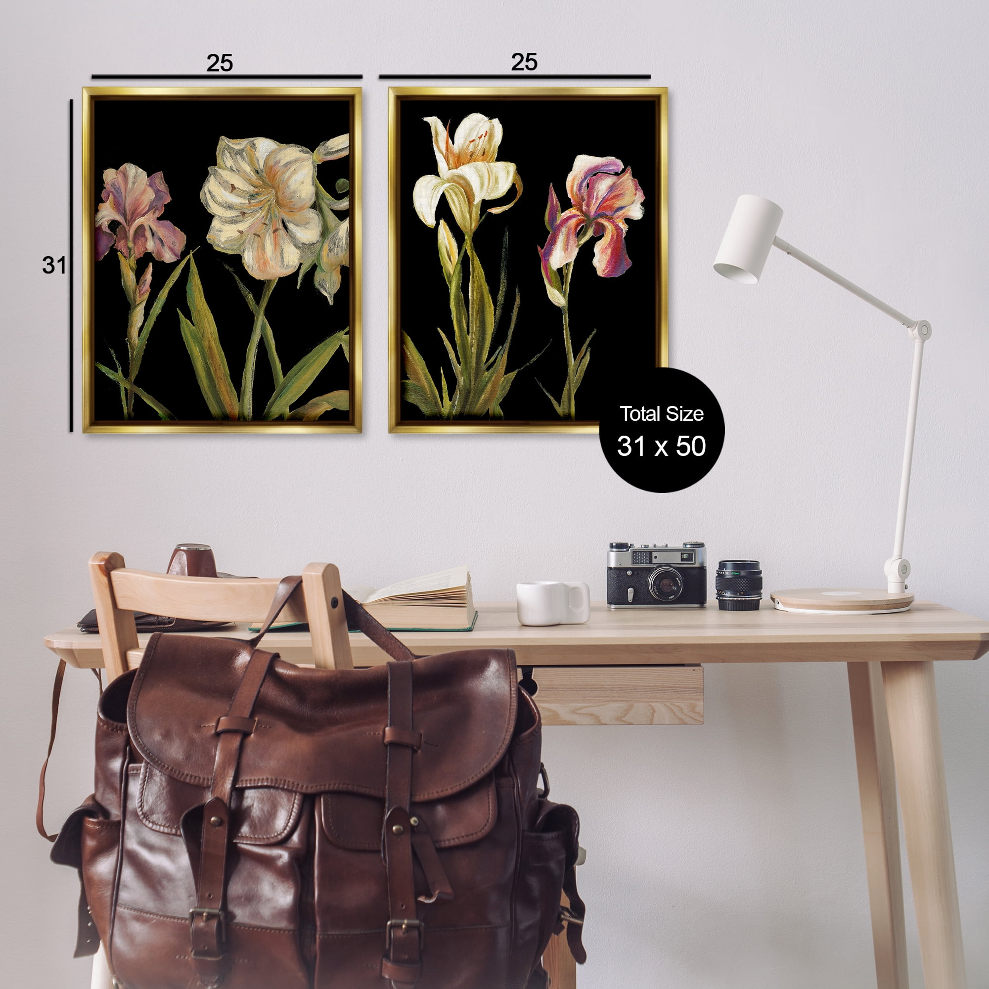 Stupell Industries Blooming Purple Iris White Lily Plants & Flowers Painting Gold Floater Framed Canvas Art Print Wall Art, 31 x 25, Set of 2