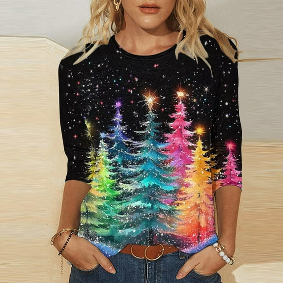 Christmas Top for Women Round Neck 3/4 Sleeve Christmas Tree Print Tees Fall Tshirts Tops Fall Clothes My Items