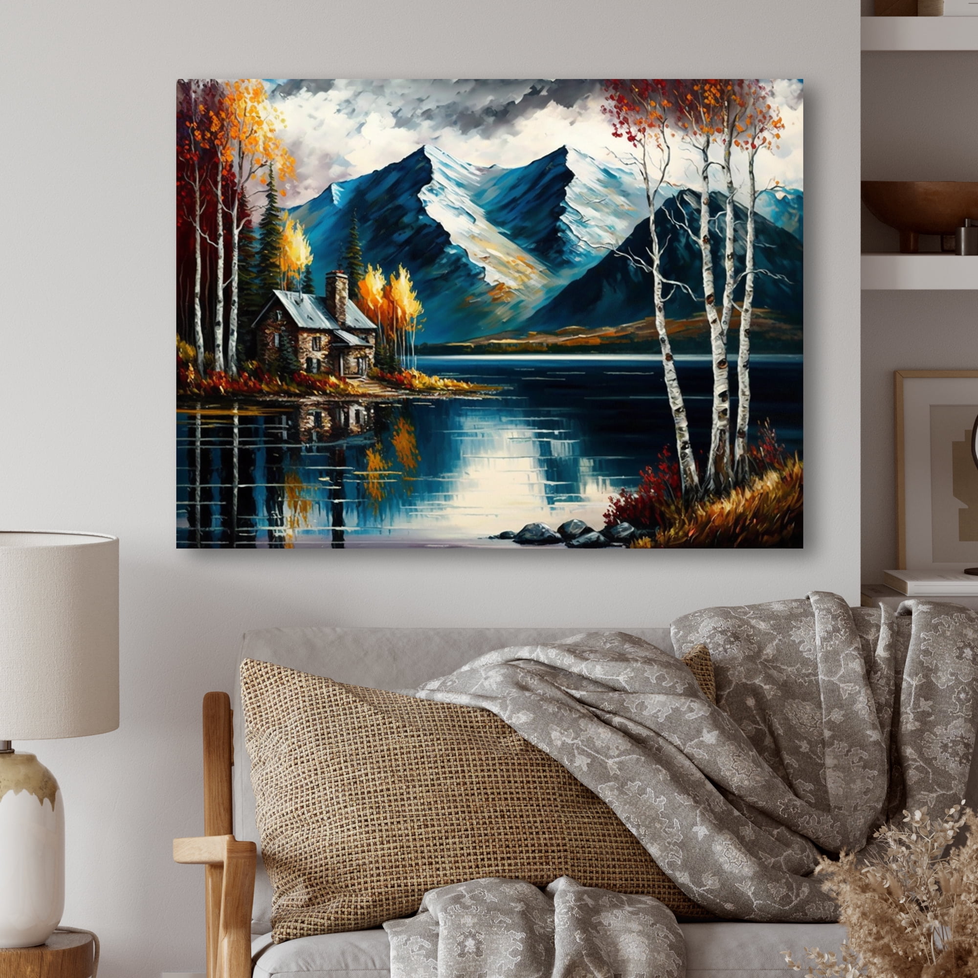 Designart Lake House Scenery In Fall II Canvas Wall Art