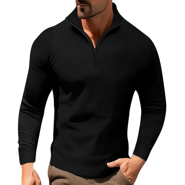 Blusa y camisa de manga larga con cuello alto para hombre, color liso, con cremallera, deportiva, de manga larga y cuello alto.
