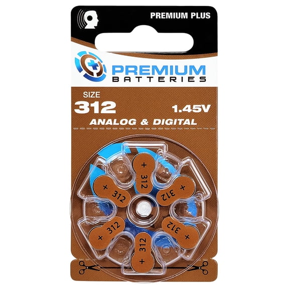Premium Batteries Premium Plus Size 312 ZA312 PR41 P312 1.45V Zinc Air Hearing Aid Batteries Brown Tab (6 Pack)