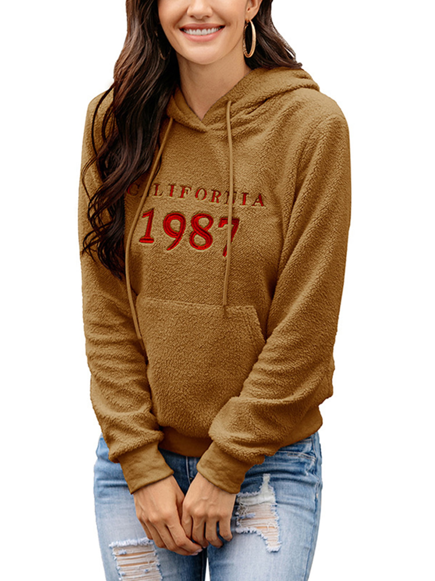 Domple Women Rose Loose Fit Embroidery Casual Letter Print Pullover Hoodies Sweatshirt